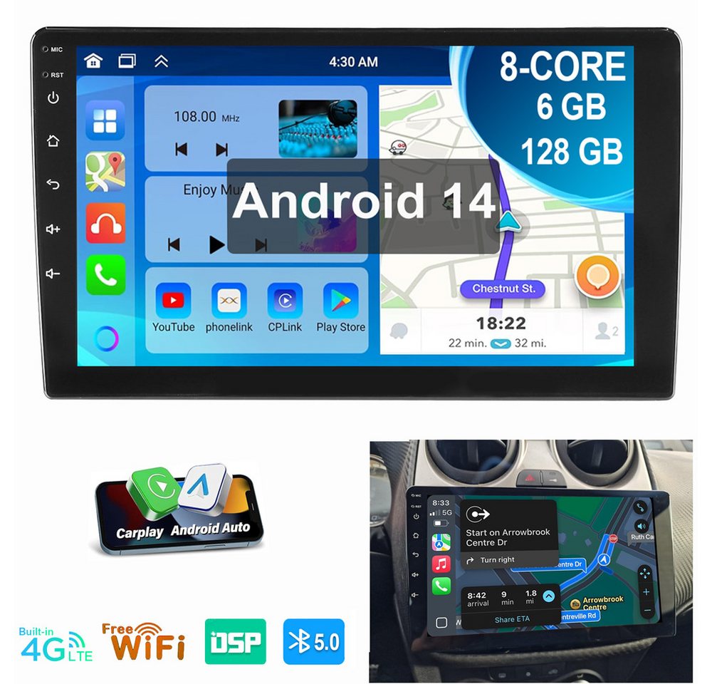 ESSGOO 9" Android 14 8Kern Android Auto Carplay Doppel 2 DIN Autoradio 4G LTE Autoradio (Digitalradio (DAB), RDS, FM, AM, 6GB+128GB, 8-Kern DSP 4G LTE SWC BT EQ GPS Navi WIFI) von ESSGOO