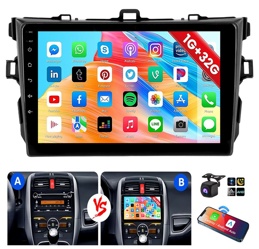 ESSGOO 2 DIN 9" Android 14 Für Toyota Auris (2006-2012) Touchscreen HD GPS Autoradio (4+64GB(optional), DAB+ (optional), FM, AM, GPS Navi Apple Carplay & Android Auto,Bluetooth 4.1) von ESSGOO