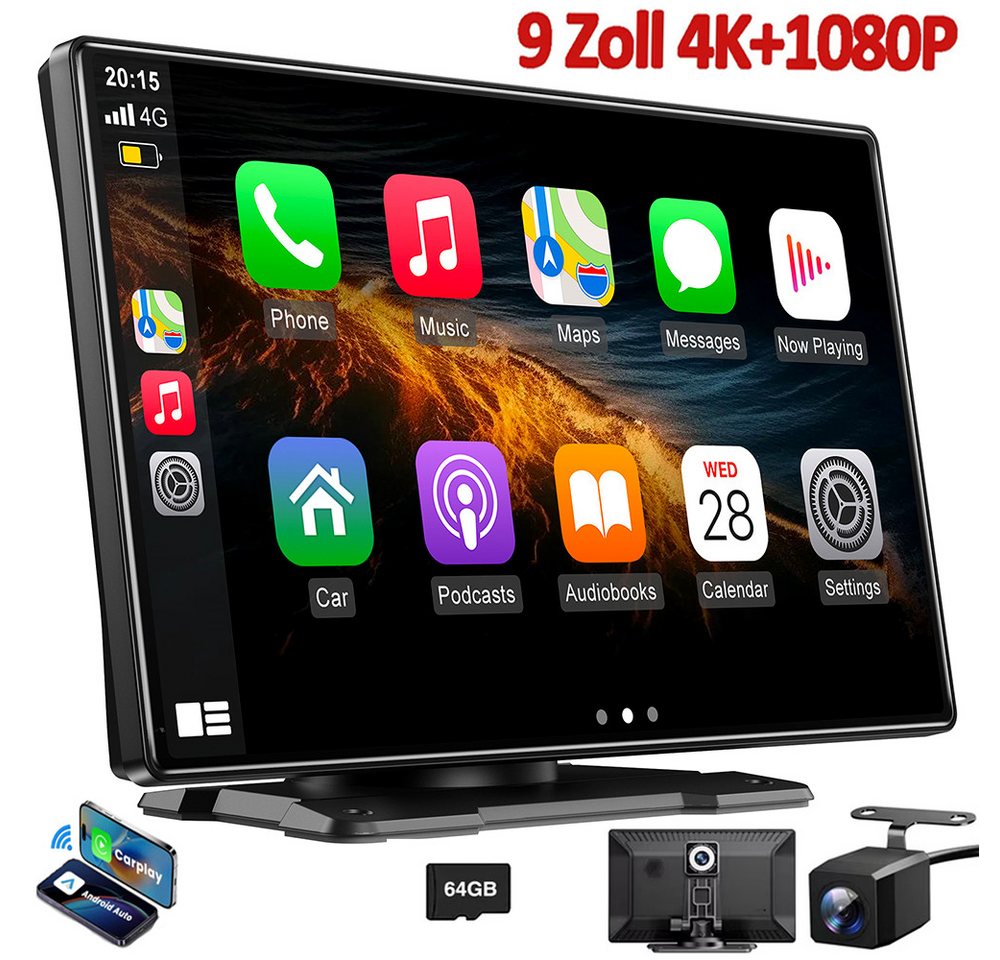 ESSGOO Kabellos Carplay Android Auto mit 4K Dashcam Rückfahrkamera BT GPS 64G Dashcam (HD, Touchscreen GPS Navi FM AUX Tragbar Autoradio Rückfahrkamera) von ESSGOO