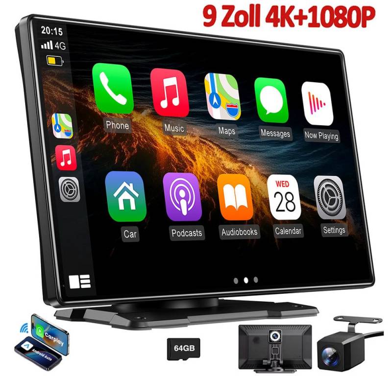 ESSGOO Kabellos Carplay Android Auto mit 4K Dashcam Rückfahrkamera BT GPS 64G Dashcam (HD, Touchscreen GPS Navi FM AUX Tragbar Autoradio Rückfahrkamera) von ESSGOO