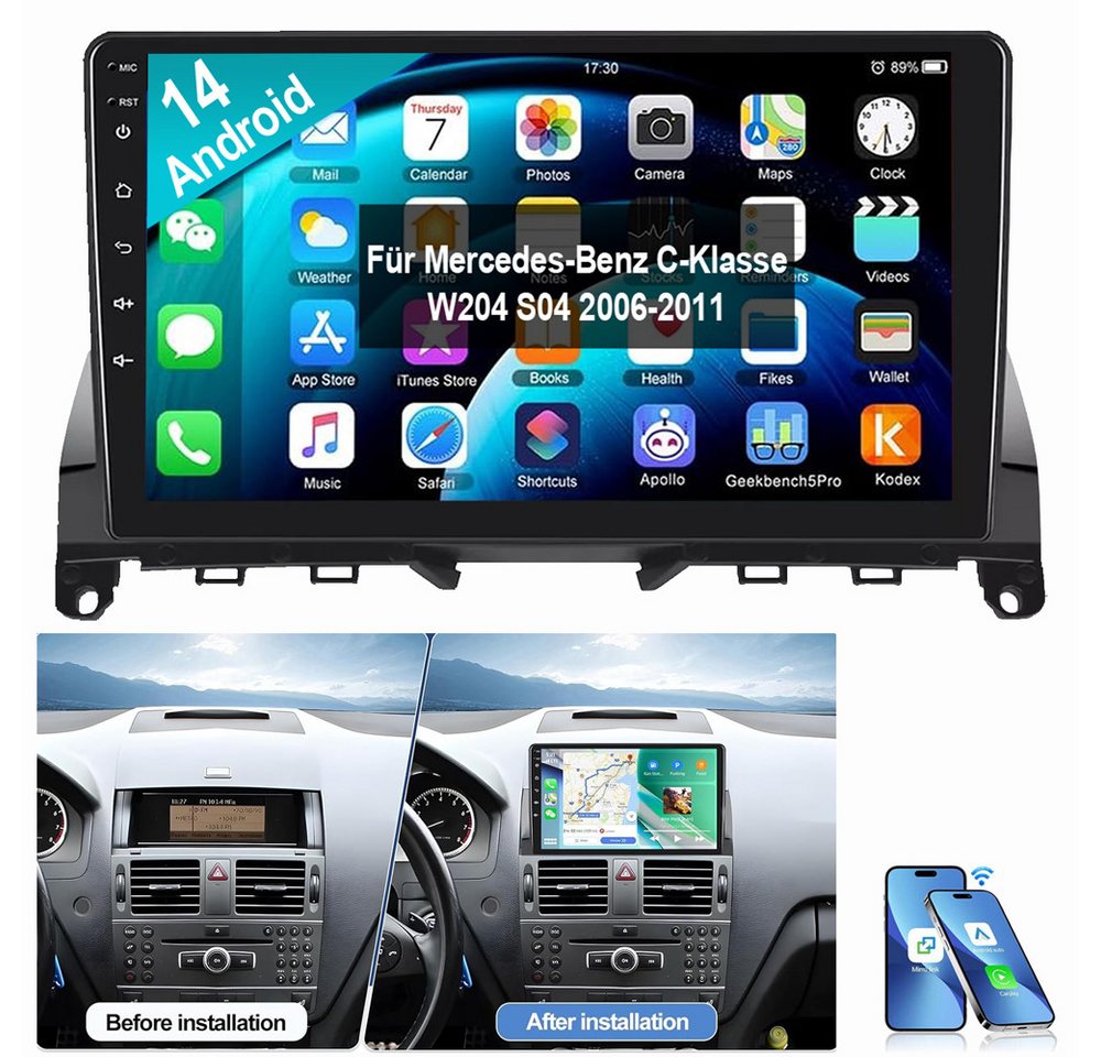 ESSGOO 9" Für Mercedes Benz C-Klasse W204 S204 WIFI GPS ASP Autoradio (Digitalradio (DAB), RDS, FM, AM, Apple Carplay Android Auto GPS Navi WIFI BT EQ) von ESSGOO