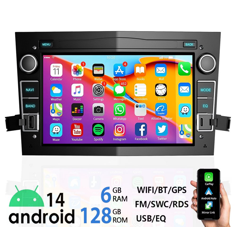 ESSGOO Carplay GPS Navi Android 14 Für Opel Astra H Corsa C D Zafira B 6+128G Autoradio (DAB+ (optional), AM, RDS, FM, 4G Mirror Link Apple Carplay & Android Auto) von ESSGOO