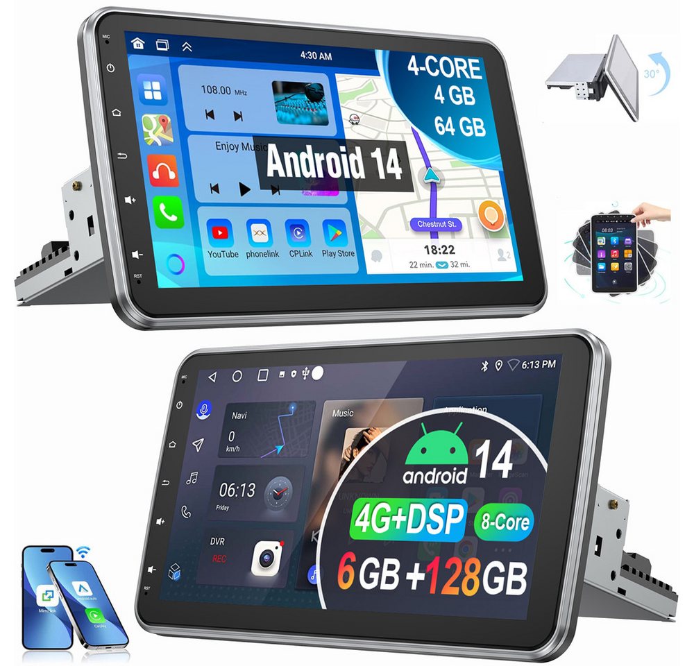 ESSGOO Android 14 Autoradio 1 DIN 360° Drehbar Bildschirm Carplay GPS WiFi Autoradio (Digitalradio (DAB), RDS, FM, AM) von ESSGOO