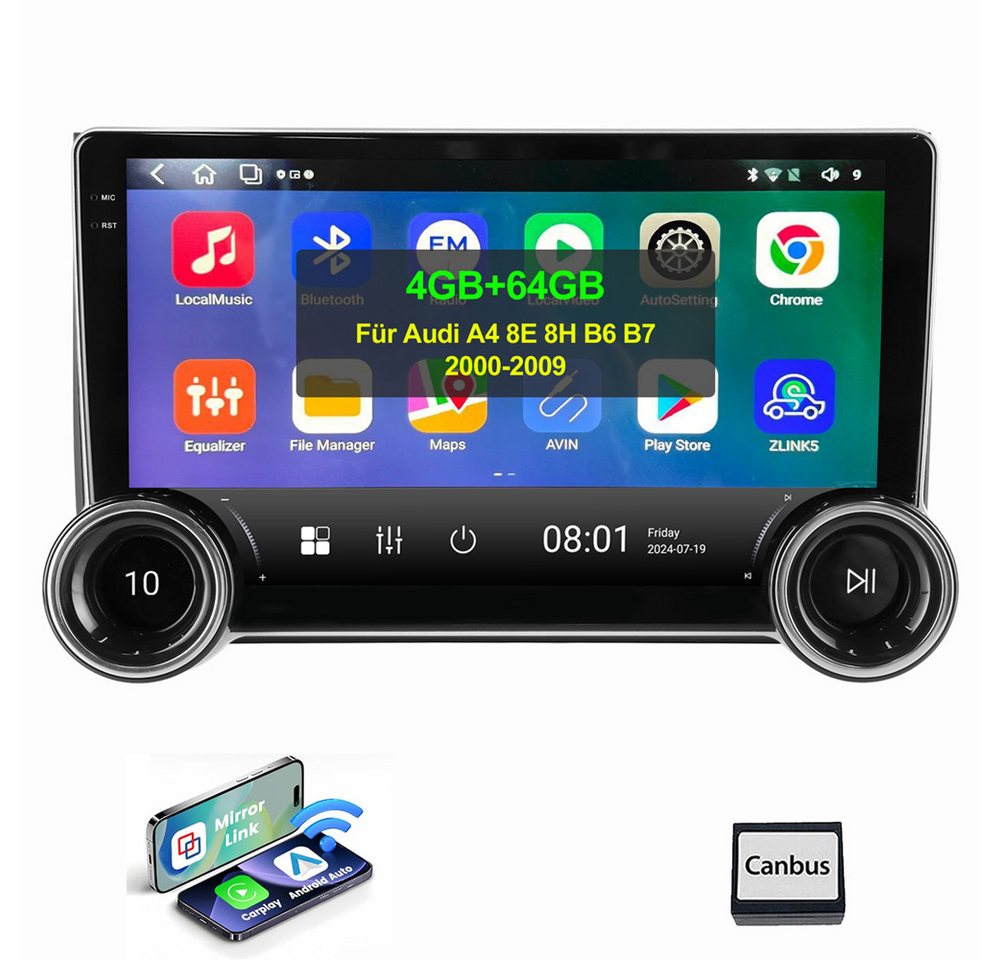 ESSGOO 10,1 Für Audi A4 S4 RS4 B6 B7 SEAT EXEO 4+64G Doppel-Drehregler Autoradio (Digitalradio (DAB), FM, AM, RDS, Apple Carplay Android Auto GPS Navi WIFI BT EQ SWC) von ESSGOO
