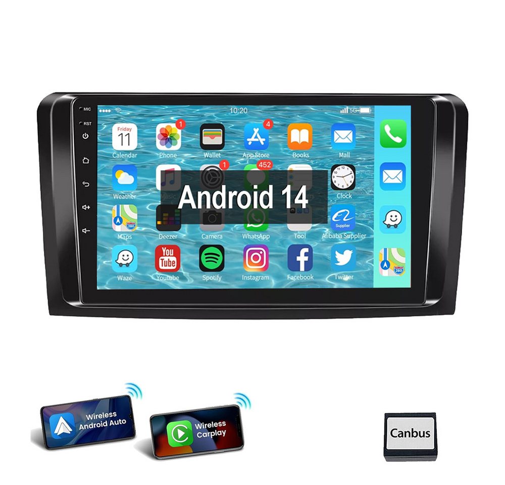 ESSGOO Android 14 Autoradio Für Mercedes Benz ML/GL Klasse W164 X164 Carplay Autoradio (FM, 4+64GB(Optional), GPS Navi Android Auto BT EQ USB WIFI RDS SWC) von ESSGOO