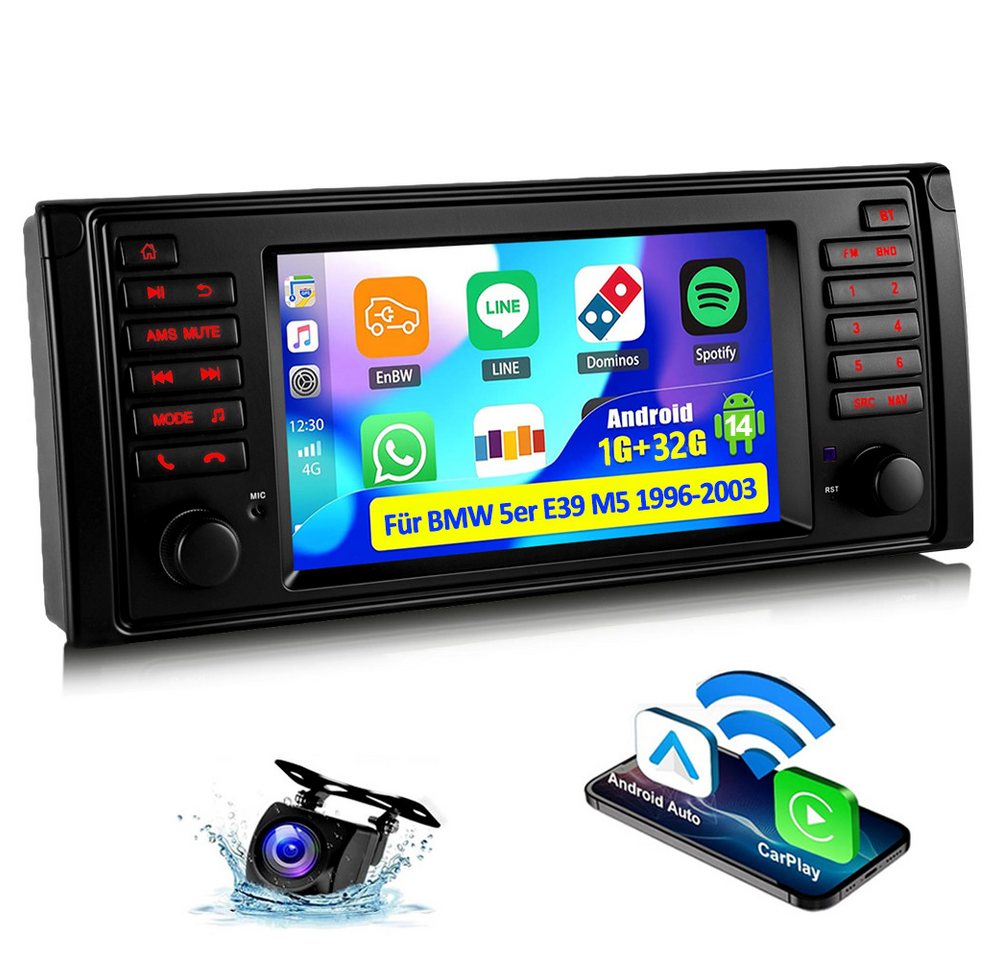 ESSGOO 7" 4+64GB Android 14 CarPlay Für BMW 5er E39 M5 GPS Navi WIFI Autoradio (Digitalradio (DAB), 4+64GB(optional), RDS, Wireless Apple Carplay Android Auto,4x Cortex A53 1.5GHZ) von ESSGOO