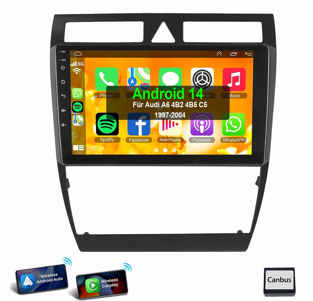 ESSGOO Android 14 Für Audi A6 4B2 4B5 C5 1997-2004 Autoradio Autoradio (Digitalradio (DAB), RDS, FM, AM, 4+64GB optional, Apple Carplay Android Auto GPS Navi WIFI BT SWC EQ) von ESSGOO