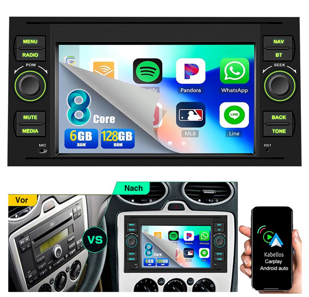 ESSGOO Android 14 Für Ford Focus Transit MK7 S-Max 6+128GB Mirror Link Autoradio (Digitalradio (DAB), RDS, AM, FM, Touchscreen GPS Navi SWC Apple Carplay Android Auto) von ESSGOO