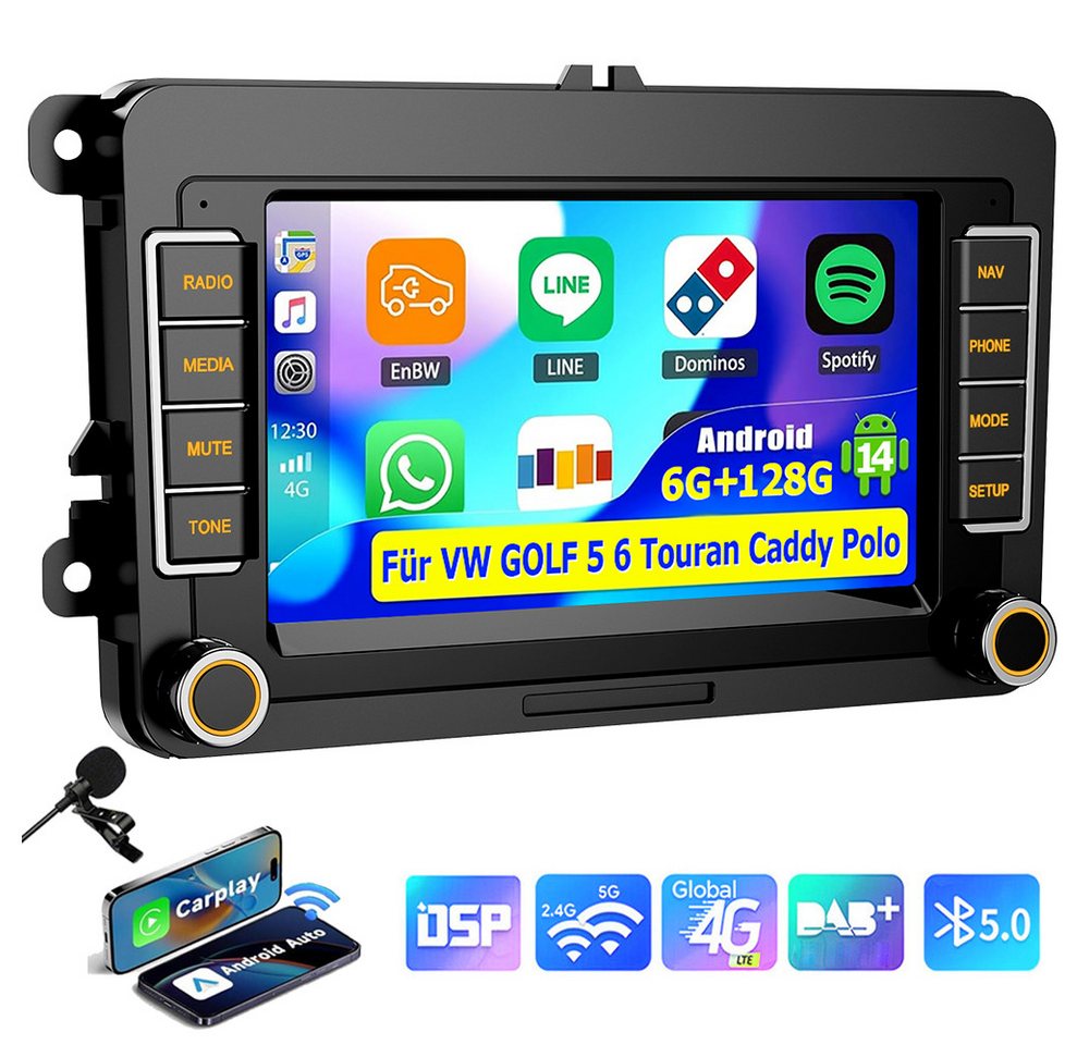 ESSGOO Android14 6+128G Carplay GPS 4G Für VW GOLF 5 6 Touran Caddy Polo Autoradio (Digitalradio (DAB), AM, FM, RDS, 8x Corte DSP 4G LTE NAVI SWC EQ BT) von ESSGOO