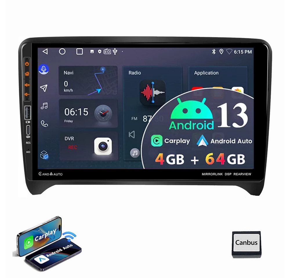 ESSGOO Autoradio Für AUDI TT MK2 8J 2006-2014 Android 13 4+64GB Autoradio (FM, RDS, AM, Carplay Android Auto GPS Navi WIFI BT USB) von ESSGOO