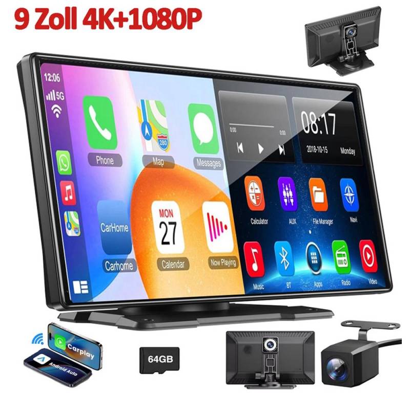 ESSGOO 4K HD 9'' Apple Carplay Android Auto Dashcam mit Rückfahrkamera BT GPS Navigationsgerät von ESSGOO