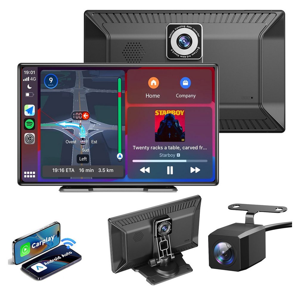 ESSGOO Carplay Android Auto Dashcam mit Rückfahrkamera Autoradio BT GPS+64G Dashcam (HD, 9" IPS Touchscreen Tragbar Autoradio Rückfahrkamera Navi AUX) von ESSGOO