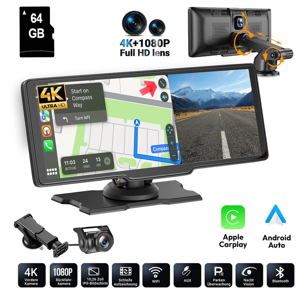 ESSGOO Dashcam 10.26" Carplay Autoradio Android DVR Parkmonitor BT FM Dashcam (HD, Tragbar Autoradio Rückfahrkamera IPS Touchscreen FM AUX) von ESSGOO