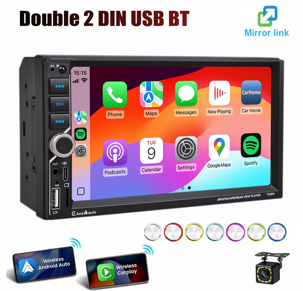 ESSGOO Doppel 2 DIN 7'' Wireless Carplay Autoradio Android Auto USB BT AUX Autoradio (FM, Mit 7" Bildschirm Freisprecheinrichtung Touchscreen Mirror Link SWC) von ESSGOO