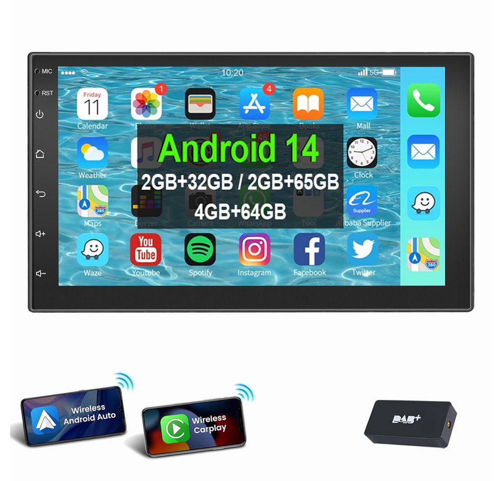 ESSGOO Doppel 2 DIN Android 14 4+64G Carplay Autoradio NAVI WiFi RDS BT USB Autoradio (Digitalradio (DAB), RDS, FM, AM, Apple Carplay Android Auto GPS Navi WIFI BT EQ RDS) von ESSGOO