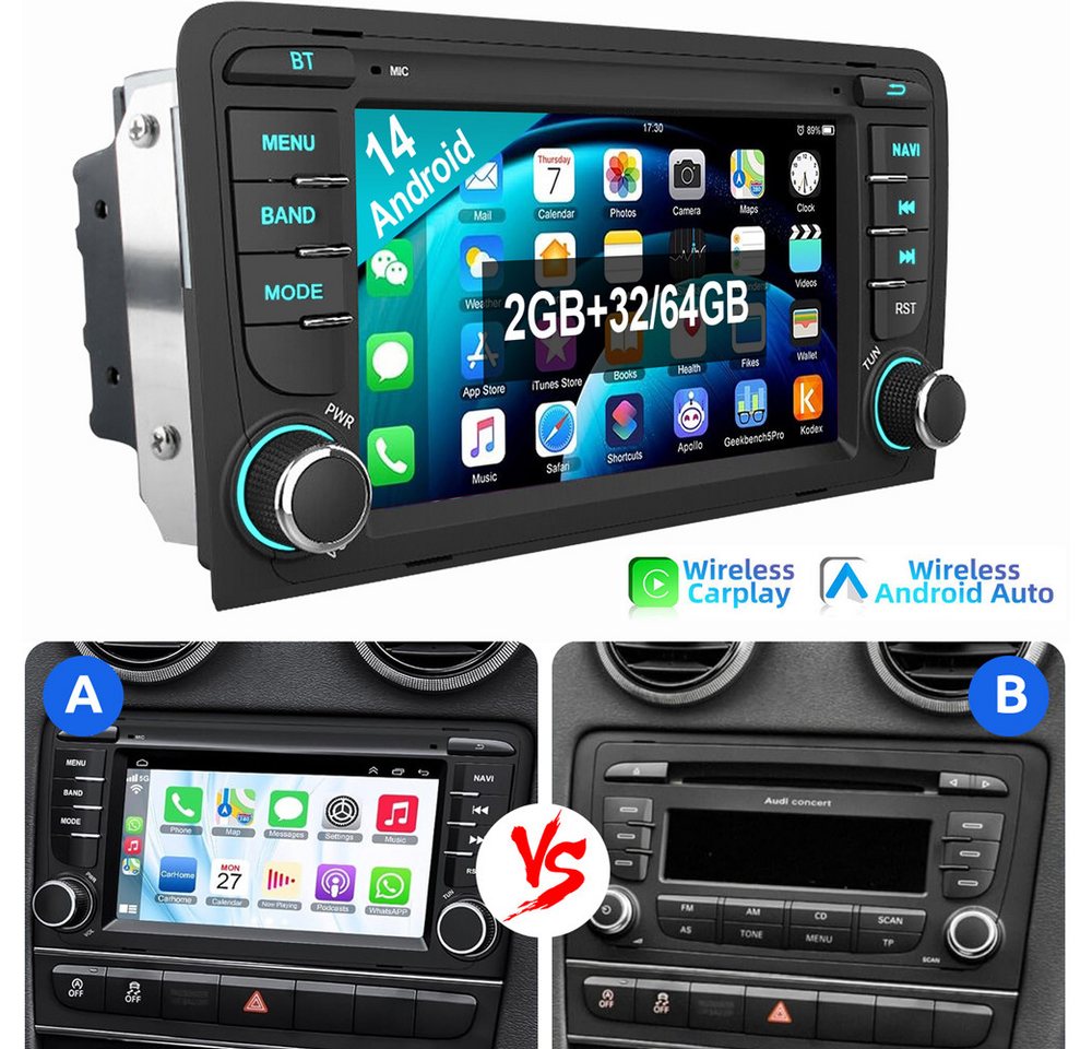 ESSGOO Für Audi A3 S3 RS3 8P 8V Android 14 Autoradio Autoradio (Digitalradio (DAB), RDS, FM, AM, Apple Carplay Android Auto GPS Navi WIFI BT EQ) von ESSGOO