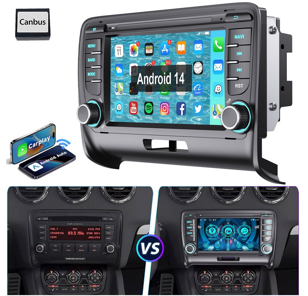 ESSGOO Für Audi TT MK2 8J 2006-2014 2+32GB Android 14 carplay Autoradio (Digitalradio (DAB), FM, RDS, NAVI SWC BT WIFI EQ Carplay Android Auto) von ESSGOO