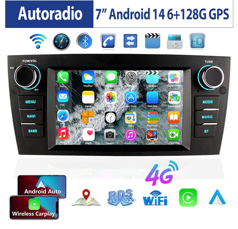 ESSGOO Für BMW 3er E90 E91 E92 E93 Carplay Android14 6+128G GPS NAVI AM 8Core Autoradio (DAB+ (optional), FM, RDS, 7 Zoll Octa-Core Apple Carplay & Android Auto,1024* 600 HD) von ESSGOO