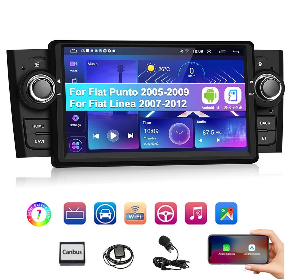 ESSGOO Für Fiat Grande Punto/Linea 2007-2012 Carplay 2+64G Android14 GPS NAVI Autoradio (DAB+ (optional), AM, FM, RDS, Wireless Apple Carplay & Android Auto,2 DIN,WiFi,ASP/EQ) von ESSGOO