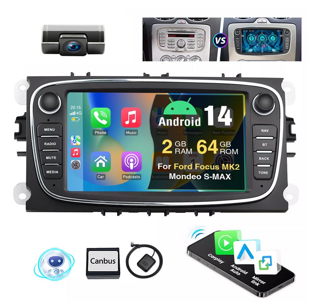 ESSGOO Für Ford Focus Mk2 Mondeo C/S-MAX Carplay 7" Android 14 GPS NAVI RDS Autoradio (DAB (optional), 4+64GB(optional), FM, RDS, DAB+ (optional), Wireless Carplay Android Auto Bluetooth EQ Touchscreen SWC 4+64G) von ESSGOO