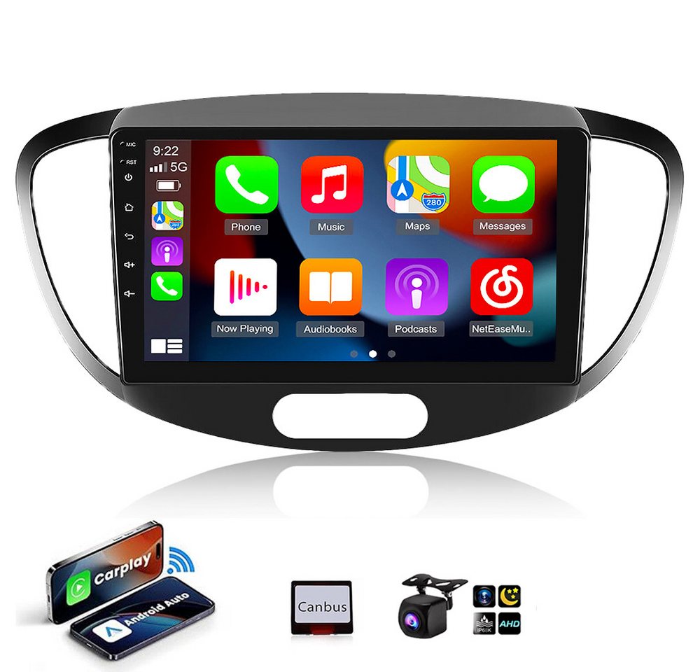 ESSGOO Für Hyundai i10 2007-2013 Android 14 Carplay GPS Navi Bluetooth Autoradio (DAB+ (optional), AM, FM, RDS, ASP, Wireless Apple Carplay & Android Auto,2 DIN,4+64GB(optional) von ESSGOO