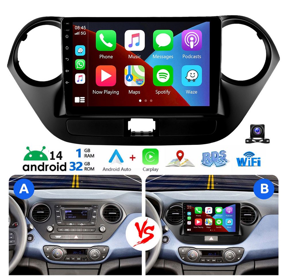 ESSGOO Android 14 Für Hyundai i10 II IA/BA 2013-2016 Touch Bluetooth WiFi Autoradio (DAB+ (optional), 4+64GB(optional), RDS, AM, FM) von ESSGOO