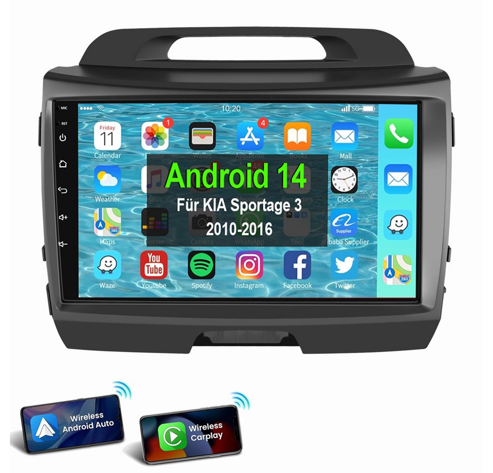 ESSGOO Für KIA Sportage 3 2010-2016 Autoradio Carplay Android 14 GPS RDS WIFI Autoradio (Digitalradio (DAB), FM, AM, RDS, BT Carplay Android Auto Navi RDS SWC) von ESSGOO