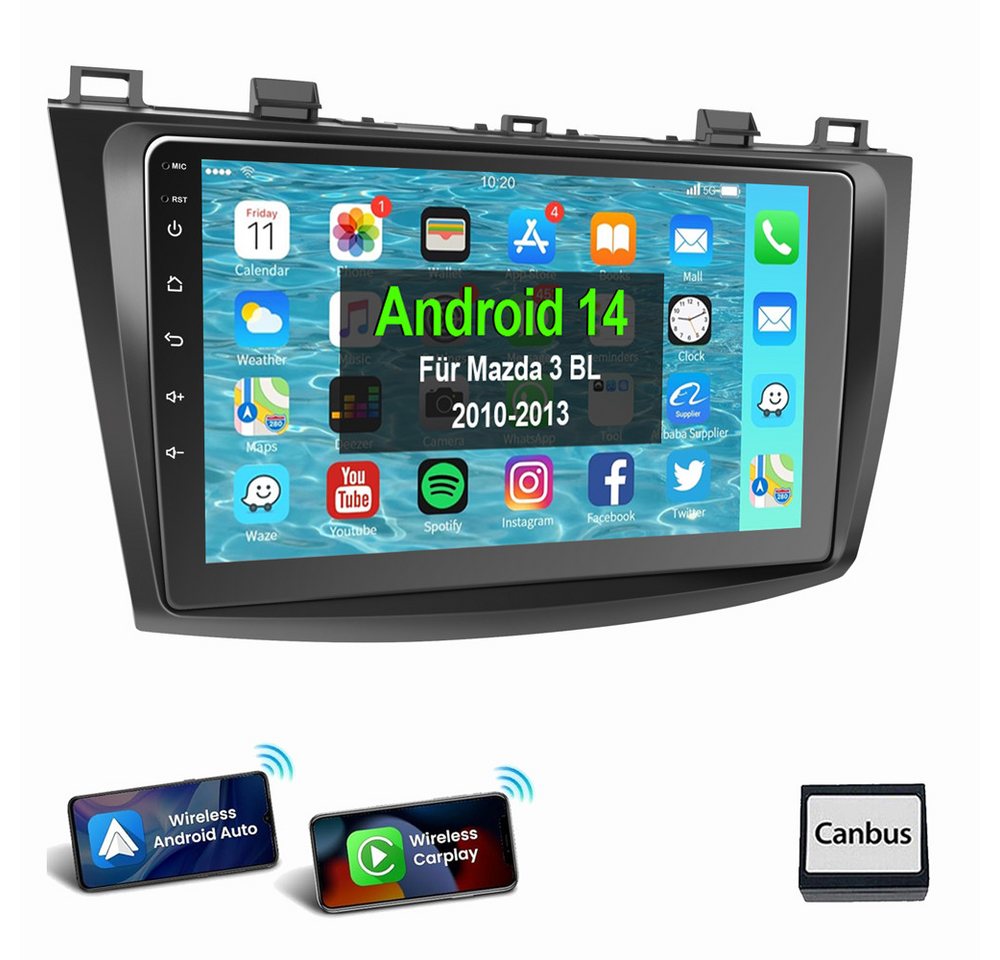 ESSGOO Für Mazda 3 2010-2013 Android 14 Carplay Autoradio Autoradio (FM, RDS, AM, Carplay Android Auto GPS Navi WIFI BT SWC) von ESSGOO