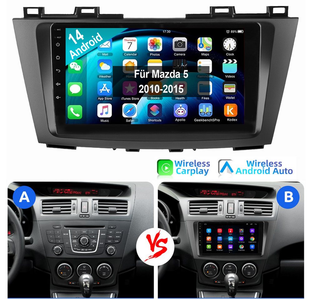 ESSGOO 9" Für Mazda 5 2010-2015 Android 14 Autoradio GPS Bluetooth WIFI Autoradio (Digitalradio (DAB), RDS, FM, AM, Apple Carplay Android Auto SWC EQ BT SWC) von ESSGOO