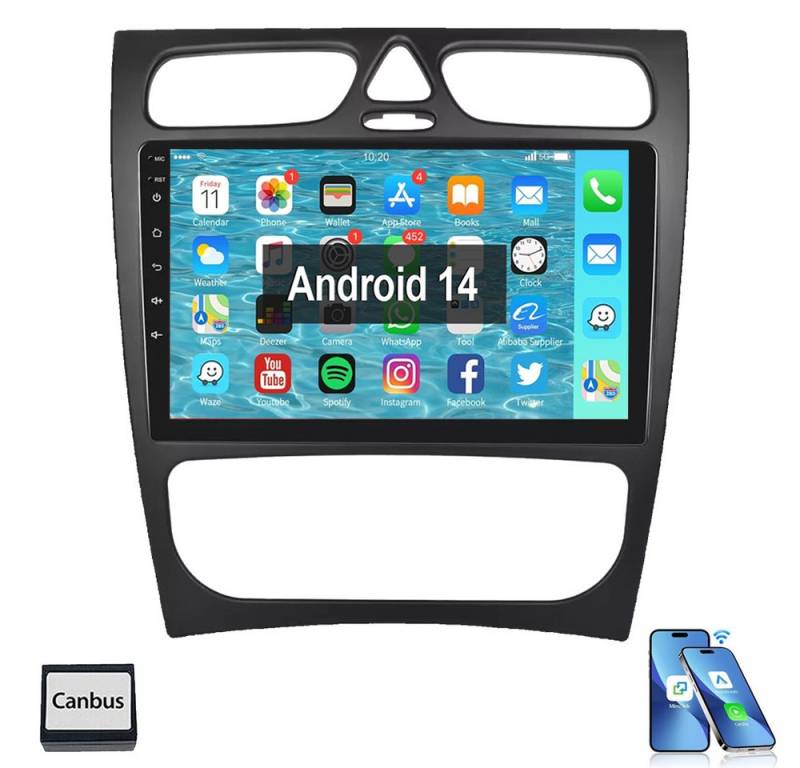 ESSGOO Für Mercedes Benz C-Klasse W203 W209 Android 14 Carplay Autoradio Autoradio (Digitalradio (DAB), RDS, FM, SWC) von ESSGOO