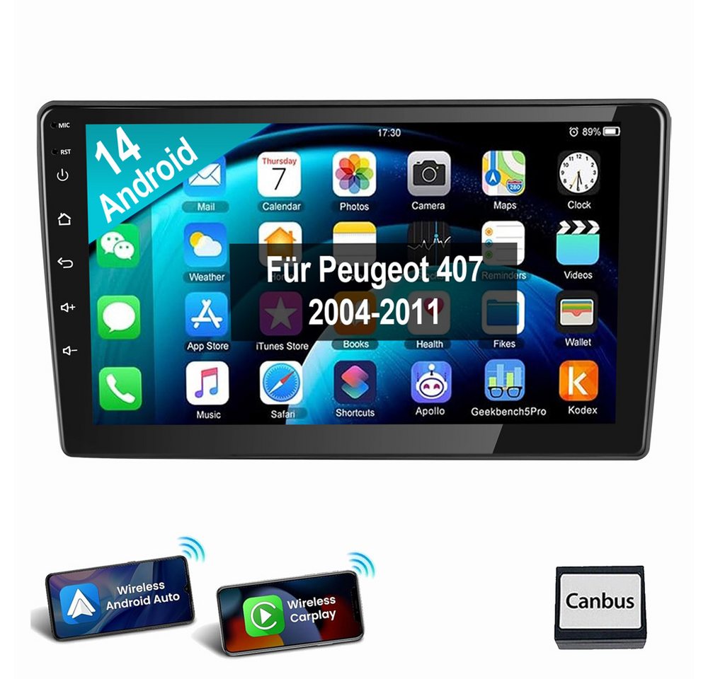 ESSGOO Für Peugeot 407 2004-2011 Android 14 Carplay Autoradio Autoradio (Digitalradio (DAB), FM, AM, 4+64G optiona, RDS, Android Auto SWC EQ) von ESSGOO