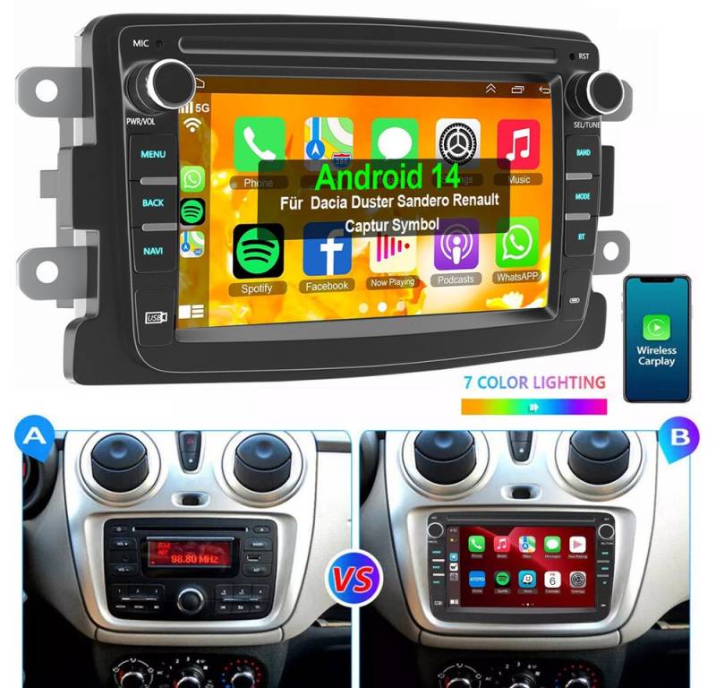ESSGOO Für Renault Dacia Logan Sandero Captur Symbol Carplay Autoradio Autoradio (FM, RDS, Apple Carplay Android Auto GPS Navi WIFI BT) von ESSGOO