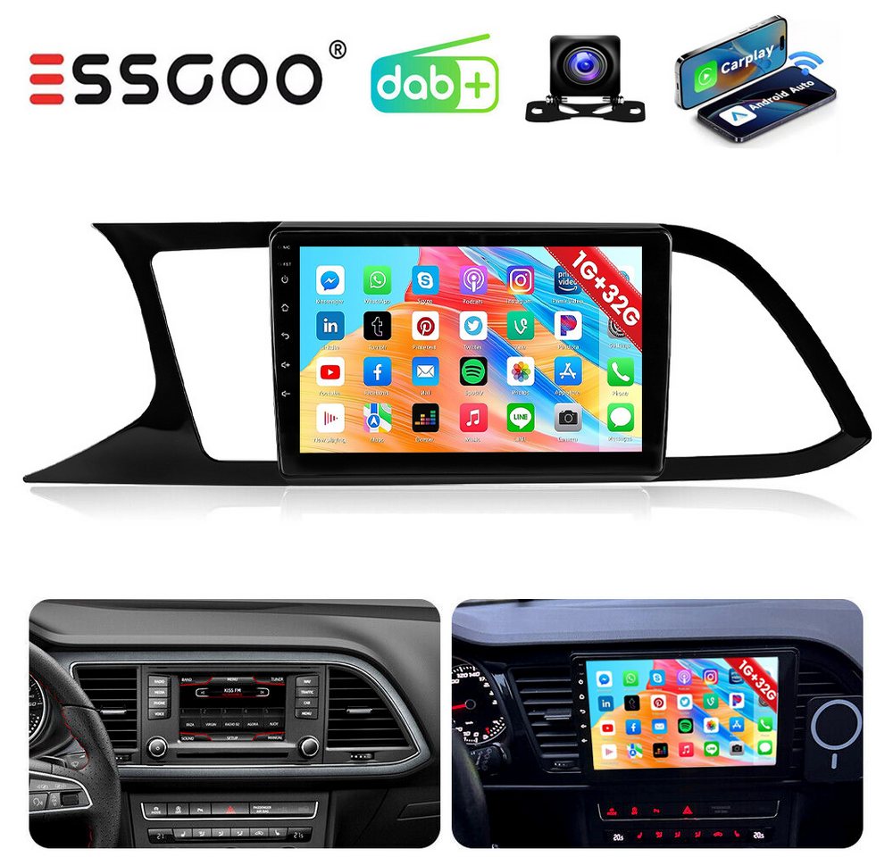 ESSGOO Für Seat Leon 1P1 2005-2012 Android 14 Carplay GPS NAVI WIFI BT 4+64G Autoradio (4+64GB(optional), DAB+ (optional), AM, FM, RDS, Wireless Apple Carplay & Android Auto,2 DIN,WMA,ASP) von ESSGOO