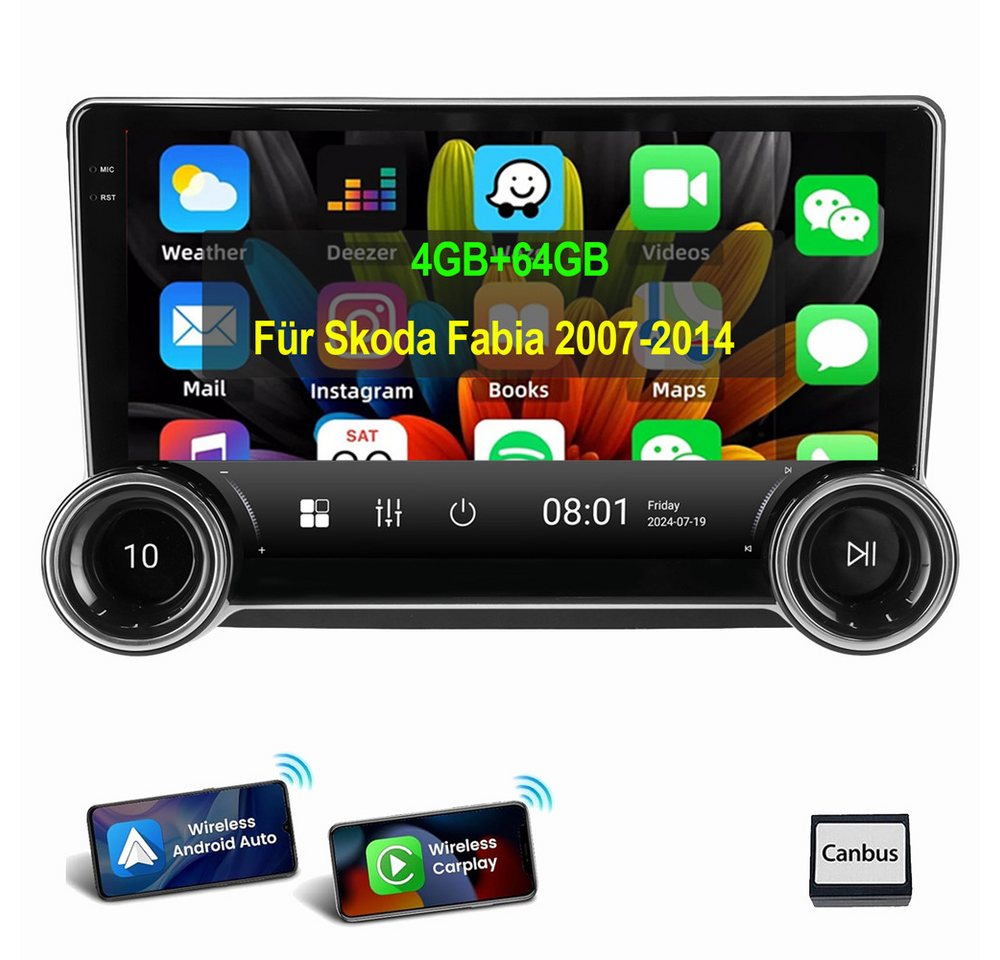 ESSGOO Für Skoda Fabia 2 II 2008-2013 Carplay Android 14 Autoradio (Digitalradio (DAB), RDS, FM, AM, 4+64GB optional, Carplay Android Auto Bluetooth EQ USB WIFI SWC) von ESSGOO