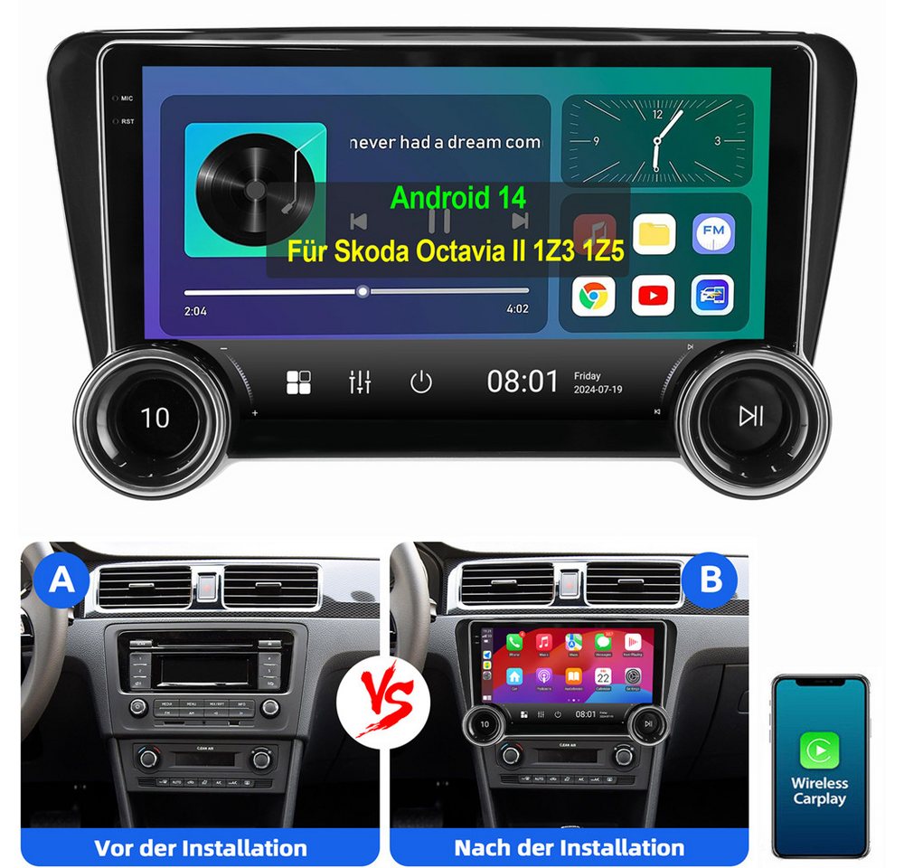 ESSGOO Für Skoda Octavia III 2015-2018 Android 14 Autoradio Autoradio (Digitalradio (DAB), RDS, FM, AM, Apple Carplay Android Auto NAVI EQ SWC BT) von ESSGOO