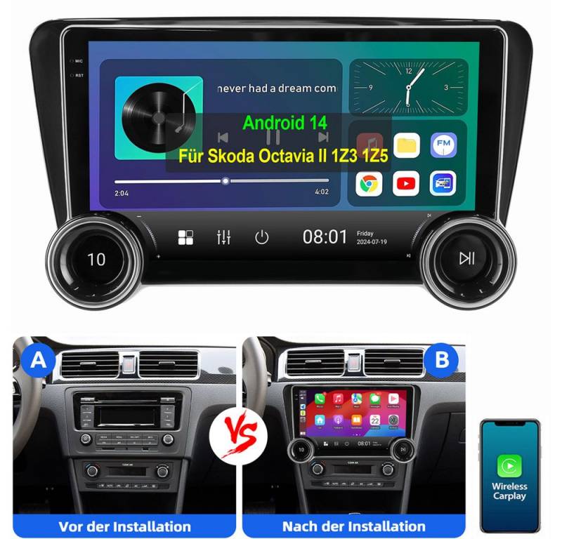 ESSGOO Für Skoda Octavia III 2015-2018 Android 14 Autoradio Autoradio (Digitalradio (DAB), RDS, FM, AM, Apple Carplay Android Auto NAVI EQ SWC BT) von ESSGOO