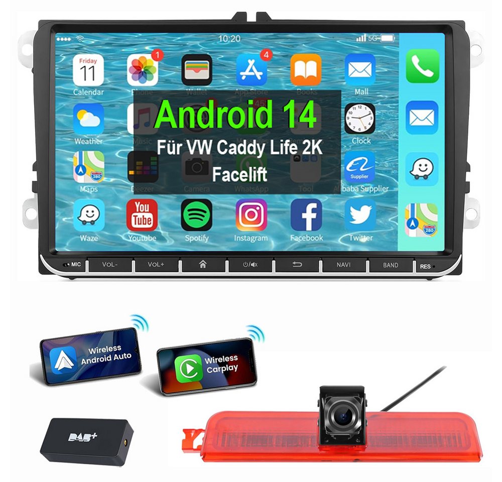 ESSGOO Für VW Caddy Life 2K Facelift Mit Rückfahrkamera Bremsleuchte Autoradio (Digitalradio (DAB), RDS, FM, AM, Apple Carplay Android Auto GPS Navi WIFI BT SWC) von ESSGOO