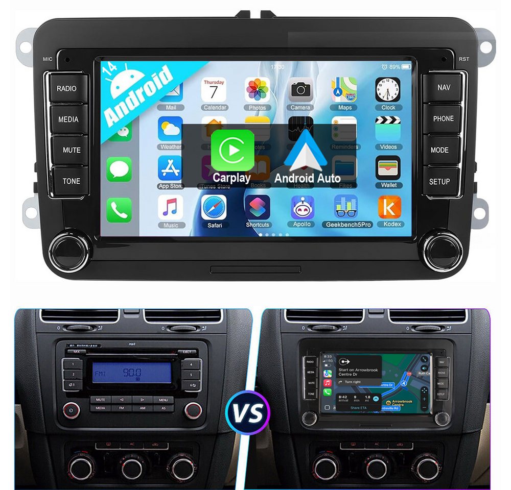 ESSGOO Für VW GOLF 5 6 Plus Touran EOS Tiguan Polo 6R Passat Caddy Android 14 Autoradio (Digitalradio (DAB), RDS, FM, AM, Carplay Android Auto BT EQ USB GPS Navi WIFI SWC) von ESSGOO