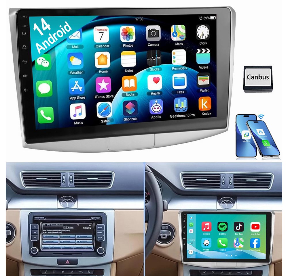 ESSGOO Für VW Passat B7 2010-2015 10.1" Autoradio CarPlay Android 14 GPS Autoradio (Digitalradio (DAB), RDS, FM, AM, Navi WIFI Mirror Link SWC RDS BT EQ) von ESSGOO