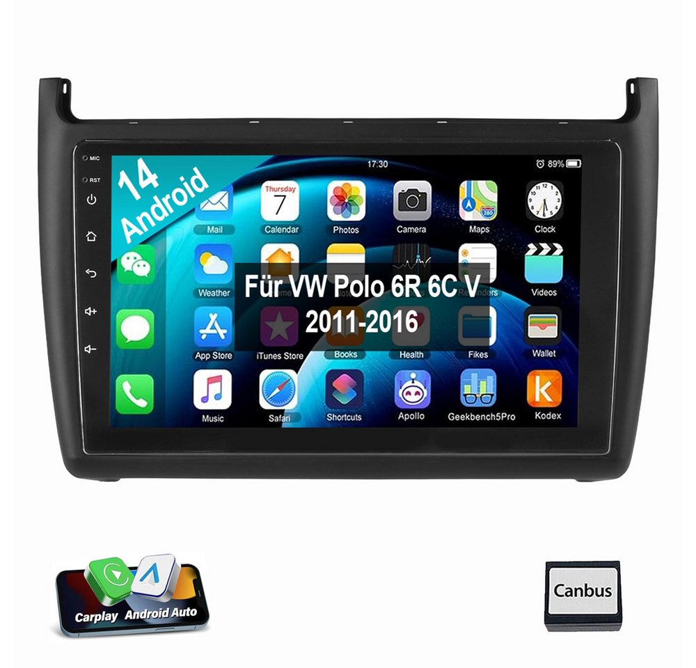 ESSGOO Für VW Polo 5 2011-2016 Andriod 14 Autoradio Autoradio (Digitalradio (DAB), RDS, AM, FM, Apple Carplay Android Auto GPS Navi WIFI BT SWC EQ) von ESSGOO