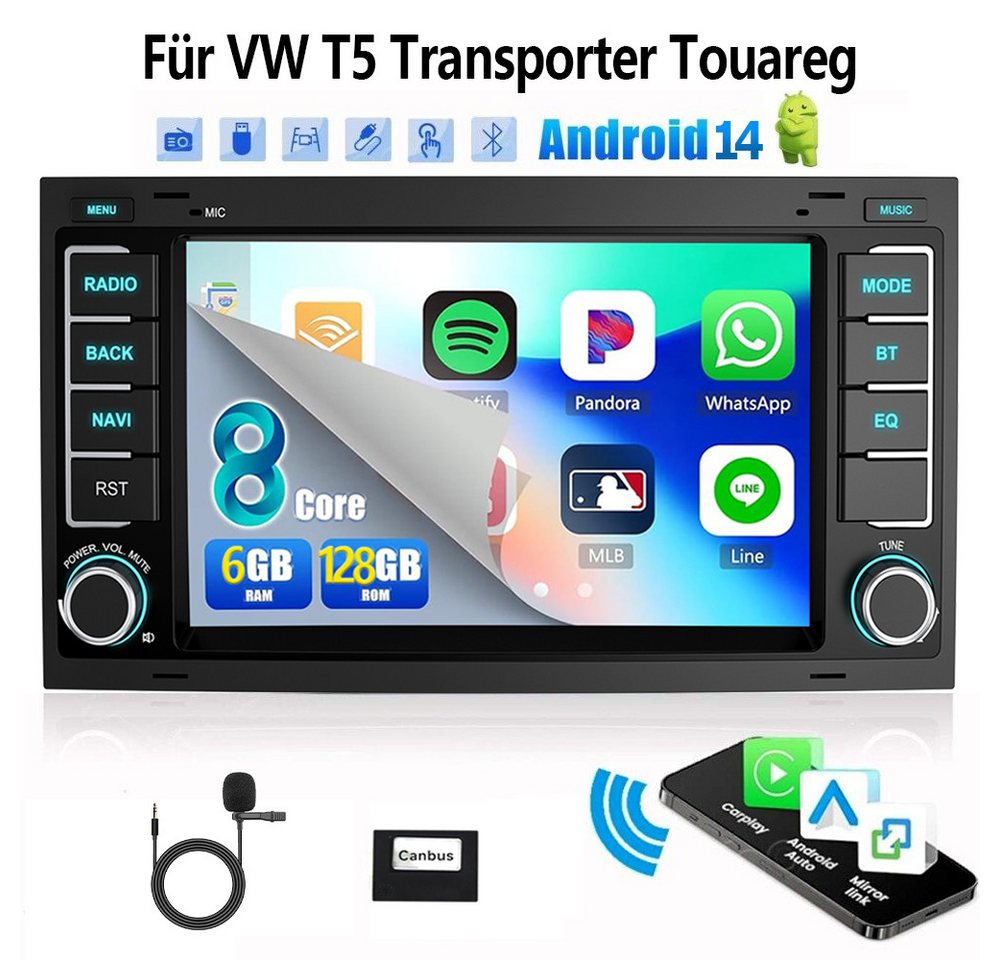 ESSGOO Für VW T5 Multivan Transporter DAB+ 6+128G Android 14 Carplay Navi RDS Autoradio (Digitalradio (DAB), 4G LTE, RDS, Touchscreen Apple Carplay Android Auto WIFI BT SWC EQ) von ESSGOO