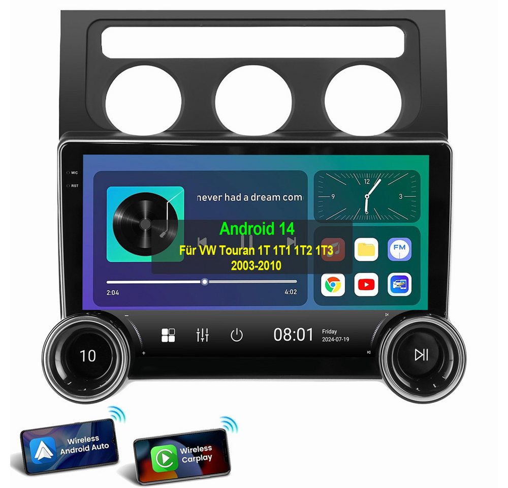 ESSGOO Für VW Touran 1T1 1T2 1T3 2003-2010 Android 14 Autoradio Autoradio (Digitalradio (DAB), RDS, FM, AM, Apple Carplay Android Auto GPS Navi WIFI BT EQ) von ESSGOO