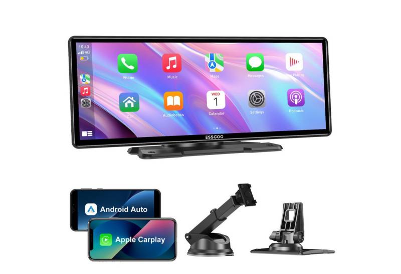 ESSGOO Kabelloses Apple Carplay & Android Auto, 10.26-Zoll CarPlay Display Navigationsgerät (Autoradio Bluetooth Sprachsteuerung) von ESSGOO