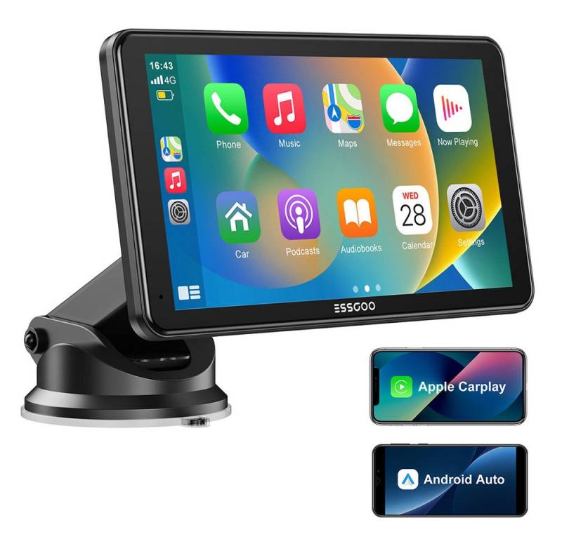 ESSGOO Kabelloses Apple Carplay & Android Auto, 7-Zoll CarPlay Display Navigationsgerät (Autoradio Bluetooth Sprachsteuerung) von ESSGOO