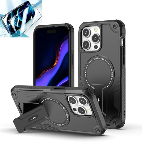 ESSONIO für iPhone 15 Pro Max Hülle Schwarz Handyhüllen Unterstützt Magnetisches Kabelloses Aufladen, Wird mit Telefonständer Geliefert Phone Case Kameraschutz Kostenlose Schutzfolie für Ihr Handy von ESSONIO