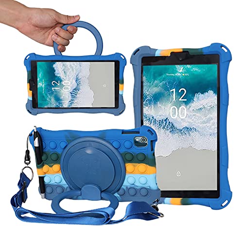 ESSTORE Hülle Kompatibel mit Nokia T10 8 Zoll 2022 Tablet Schutzhülle Drehbarer Griff Ständer Case Silikon Stoßfest Cover mit Schultergurt/Bleistifthalter/Stylus, Regenbogen Dunkelblau von ESSTORE