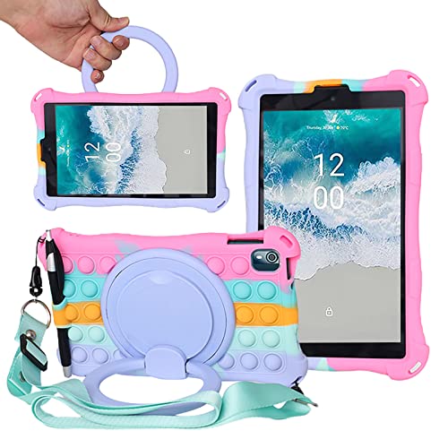 ESSTORE Hülle Kompatibel mit Nokia T10 8 Zoll 2022 Tablet Schutzhülle Drehbarer Griff Ständer Case Silikon Stoßfest Cover mit Schultergurt/Bleistifthalter/Stylus, Regenbogen Pink von ESSTORE