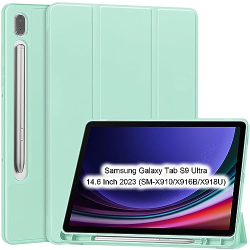 ESSTORE Hülle Kompatibel mit Samsung Galaxy Tab S9 Ultra 14.6 Zoll 2023 (SM-X910, SM-X916B, SM-X918U) Tablet mit S Pen Halter & Auto Wake/Sleep, Hellgrün von ESSTORE