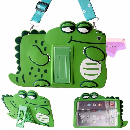 ESSTORE Kids Case for iPad 9.7 2018 (6th Gen)/2017 (5th Gen)/iPad Air 1 Case + Screen Protector, 3D Cute Cartoon Silicone with Shoulder Strap & Stand Shockproof Protective Cover, Dinosaur von ESSTORE