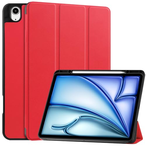 ESSTORE Schutzhülle kompatibel mit iPad Air 13 Zoll 2024 Tablet mit Pencil Pro und Stifthalter, weiche TPU-Rückseite, dreifach faltbarer Ständer, automatische Wake-/Sleep-Funktion, Rot von ESSTORE